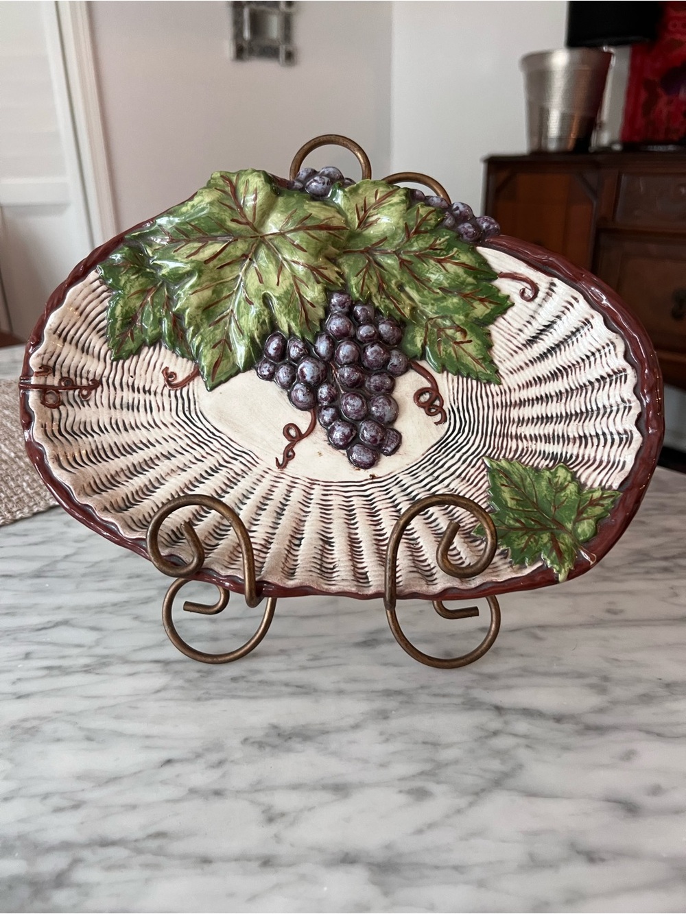 Vintage Arnel’s Decorative Grape Basket Pottery Serving Platter